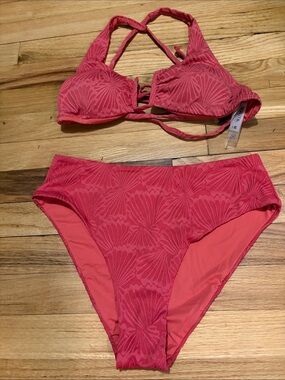 High-Waist Textured Pink Bikini Set - Supportive Halter Top